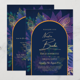 LeahG Navy Paars Gold JEWEL TONES Wedding INVITE Kaart