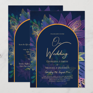 LeahG Navy Paars Gold JEWEL TONES Wedding INVITE Kaart