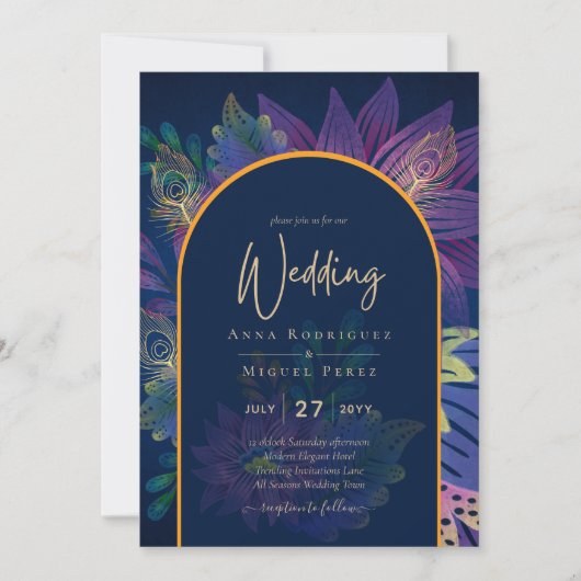 LeahG Navy Paars Gold JEWEL TONES Wedding INVITE Kaart (Voorkant)