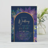 LeahG Navy Paars Gold JEWEL TONES Wedding INVITE Kaart (Staand voorkant)