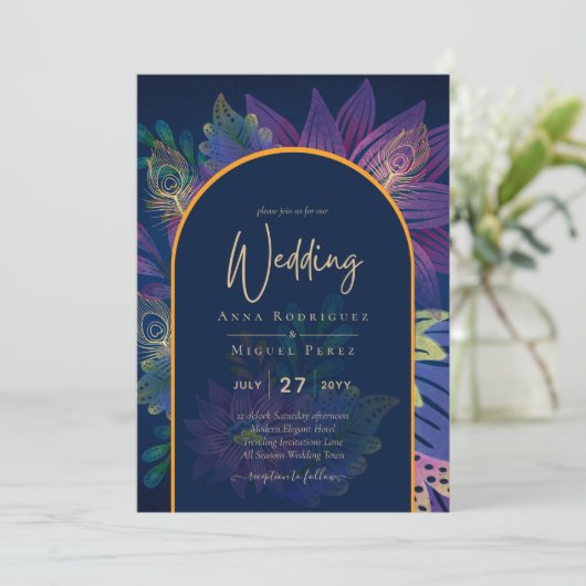 LeahG Navy Paars Gold JEWEL TONES Wedding INVITE Kaart (Staand voorkant)
