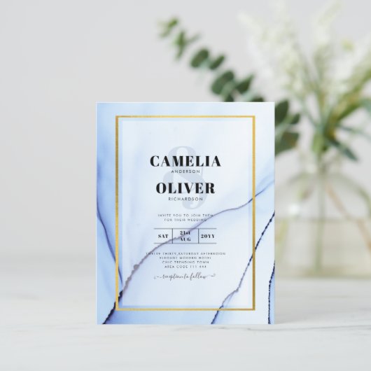 LeahG Navyblauw Gouden INKT Abstracte Trouw UITNOD (Staand voorkant)