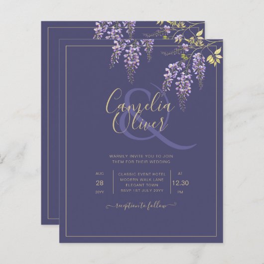 LeahG Paars Gold WISTERIA Floral Wedding INVITE (Voorkant / Achterkant)