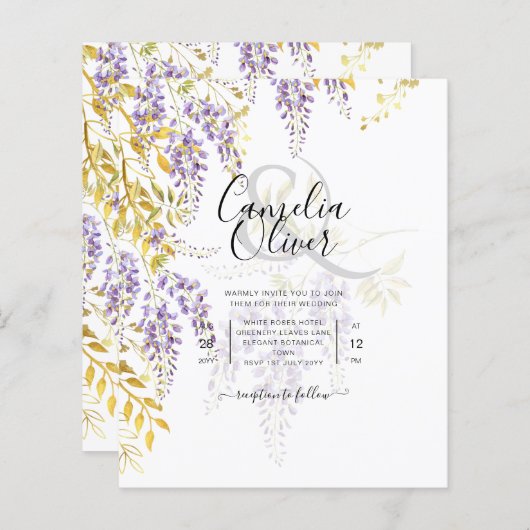 LeahG Paars Gold WISTERIA Floral Wedding INVITE (Voorkant / Achterkant)