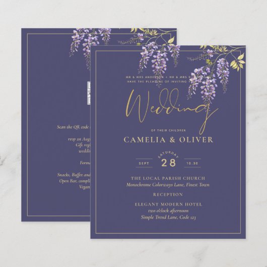 LeahG Paars Gold WISTERIA Floral Wedding INVITE (Voorkant / Achterkant)