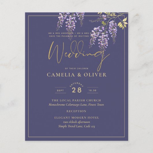 LeahG Paars Gold WISTERIA Floral Wedding INVITE (Voorkant)