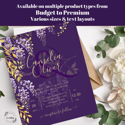 LeahG Paars Gold WISTERIA Floral Wedding INVITE Flyer