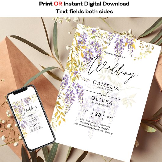 LeahG Paars Gold WISTERIA Floral Wedding INVITE Kaart