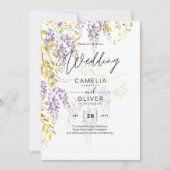 LeahG Paars Gold WISTERIA Floral Wedding INVITE Kaart (Voorkant)