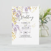 LeahG Paars Gold WISTERIA Floral Wedding INVITE Kaart (Staand voorkant)