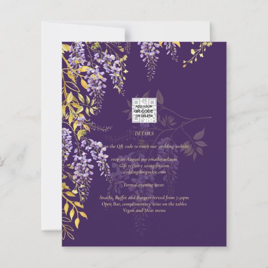 LeahG Paars Goud WISTERIA Bloem Bruiloft UITNODIGI (Achterkant)