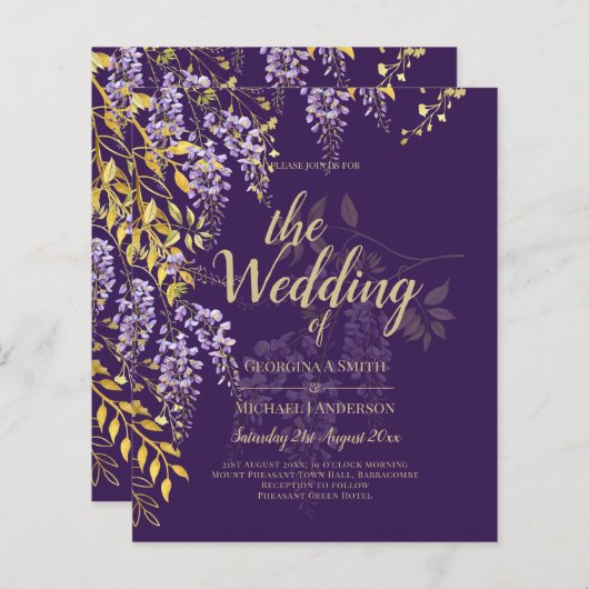 LeahG Paars Goud WISTERIA Bloem Bruiloft UITNODIGI (Voorkant / Achterkant)