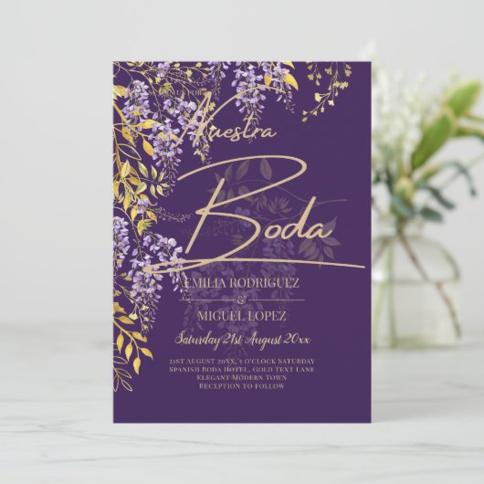 LeahG Paars Goud WISTERIA Bloem Bruiloft UITNODIGI Kaart (Staand voorkant)