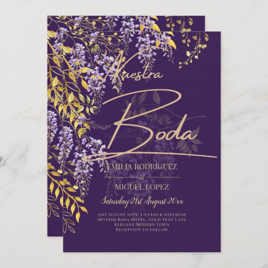 LeahG Paars Goud WISTERIA Bloem Bruiloft UITNODIGI Kaart (Voorkant / Achterkant)