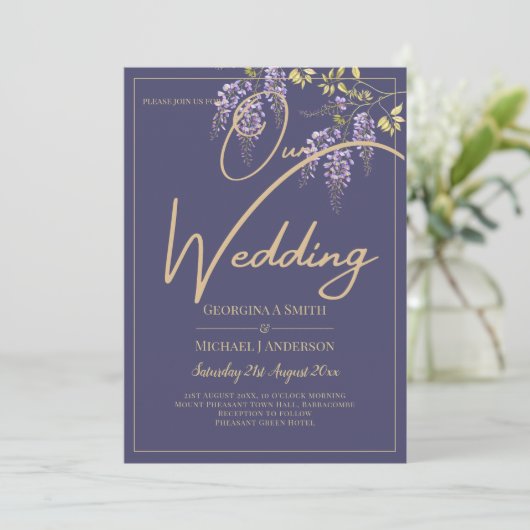 LeahG Paars Goud WISTERIA Bloem Bruiloft UITNODIGI Kaart (Staand voorkant)