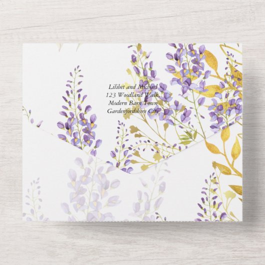 LeahG Paars Goud WISTERIA Bloemachtige Trouw UITNO All In One Uitnodiging (Achterkant)