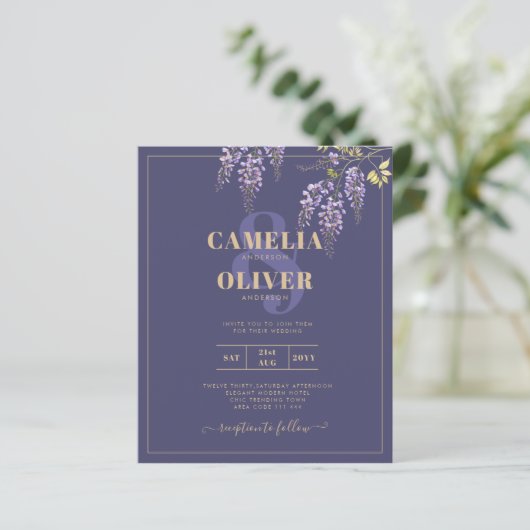 LeahG Paars Goud WISTERIA Bloemen Bruiloft UITNODI (Staand voorkant)