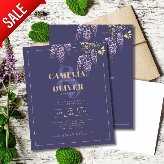 LeahG Paars Goud WISTERIA Bloemen Bruiloft UITNODI