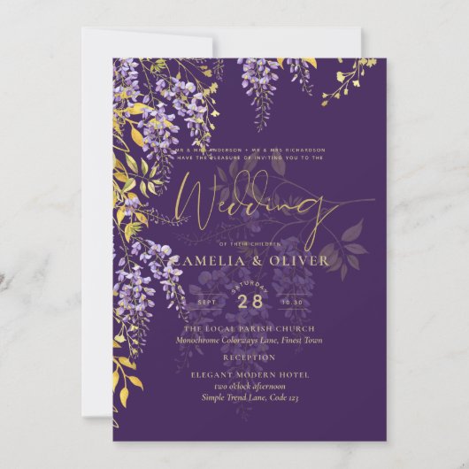 LeahG Paars Goud WISTERIA Bloemen Bruiloft UITNODI Kaart (Voorkant)