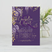 LeahG Paars Goud WISTERIA Bloemen Bruiloft UITNODI Kaart (Staand voorkant)
