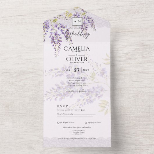 LeahG Paarse WISTERIA Kant Bloemige Trouw UITNODIG All In One Uitnodiging (Binnen)