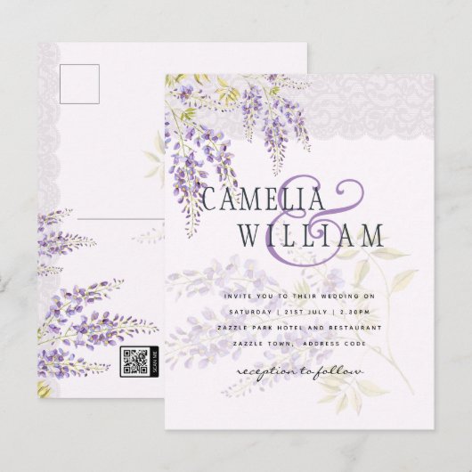 LeahG Paarse WISTERIA Kant Bloemige Trouw UITNODIG Briefkaart (Voorkant / Achterkant)