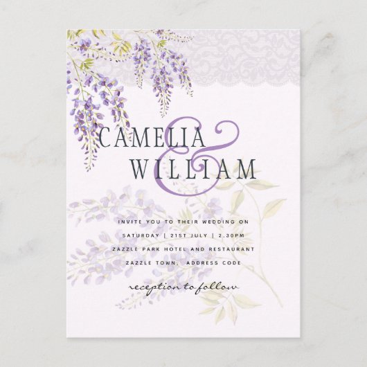 LeahG Paarse WISTERIA Kant Bloemige Trouw UITNODIG Briefkaart (Voorkant)