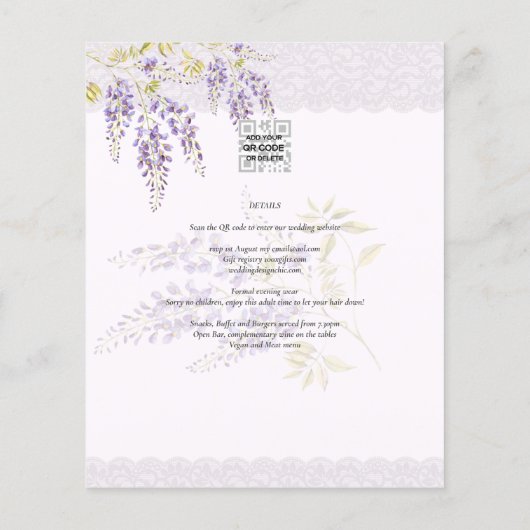 LeahG Paarse WISTERIA Kant Bloemige Trouw UITNODIG Flyer (Achterkant)