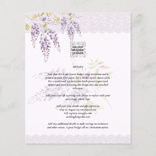 LeahG Paarse WISTERIA Kant Bloemige Trouw UITNODIG Flyer (Achterkant)