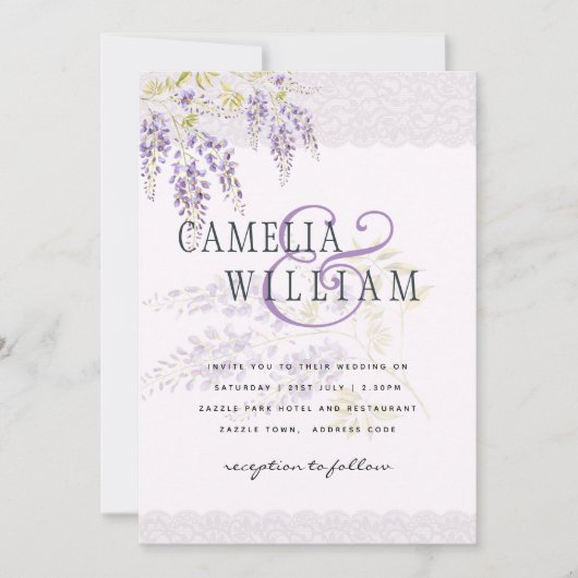 LeahG Paarse WISTERIA Kant Bloemige Trouw UITNODIG Kaart (Voorkant)