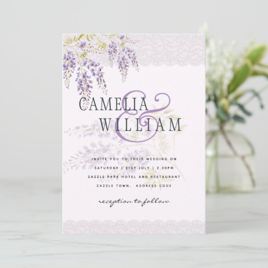 LeahG Paarse WISTERIA Kant Bloemige Trouw UITNODIG Kaart (Staand voorkant)