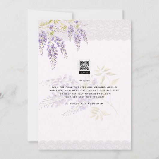 LeahG Paarse WISTERIA Kant Bloemige Trouw UITNODIG Kaart (Achterkant)
