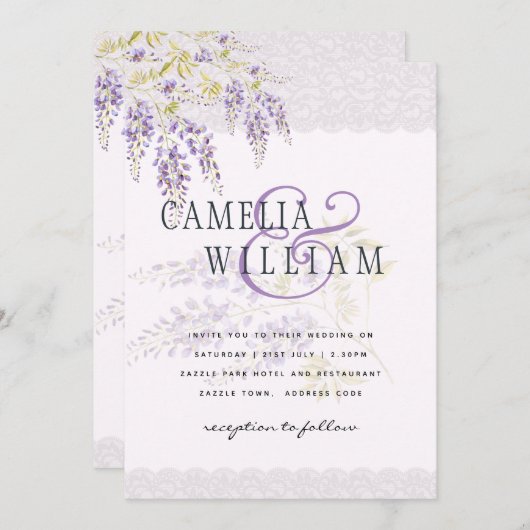 LeahG Paarse WISTERIA Kant Bloemige Trouw UITNODIG Kaart (Voorkant / Achterkant)