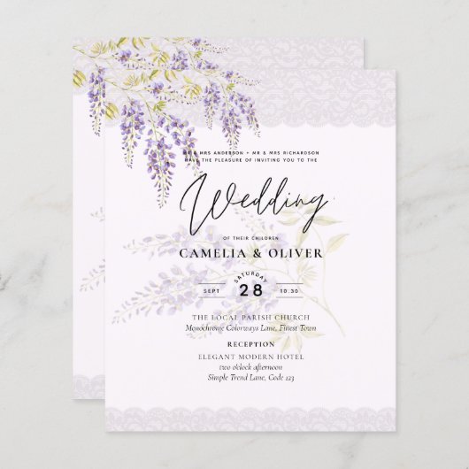 LeahG Paarse WISTERIA Lace Floral Wedding INVITE (Voorkant / Achterkant)