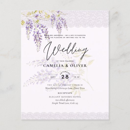 LeahG Paarse WISTERIA Lace Floral Wedding INVITE (Voorkant)