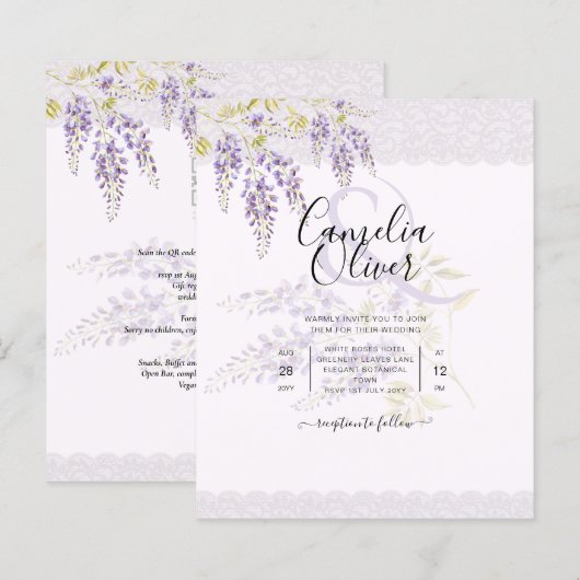 LeahG Paarse WISTERIA Lace Floral Wedding INVITE (Voorkant / Achterkant)