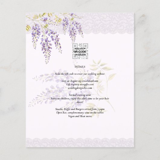 LeahG Paarse WISTERIA Lace Floral Wedding INVITE (Achterkant)