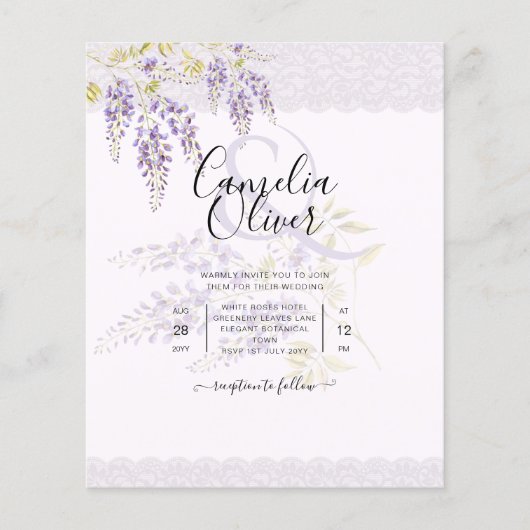 LeahG Paarse WISTERIA Lace Floral Wedding INVITE (Voorkant)