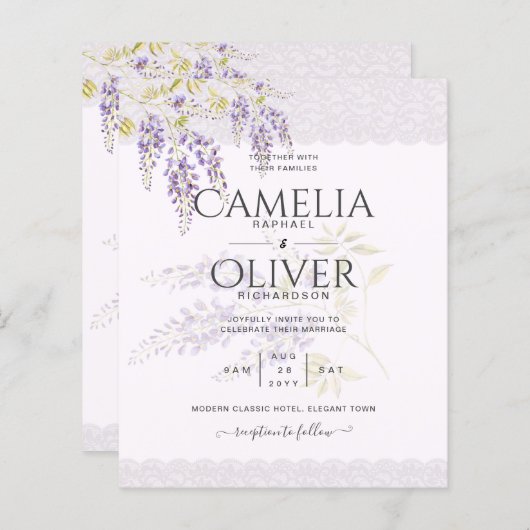 LeahG Paarse WISTERIA Lace Floral Wedding INVITE (Voorkant / Achterkant)