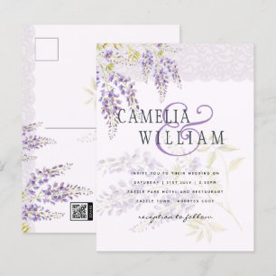 LeahG Paarse WISTERIA Lace Floral Wedding INVITE Briefkaart