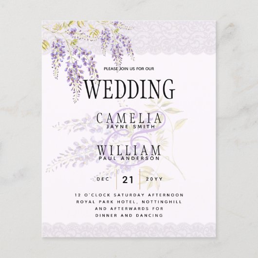 LeahG Paarse WISTERIA Lace Floral Wedding INVITE Flyer (Voorkant)