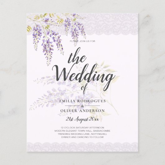 LeahG Paarse WISTERIA Lace Floral Wedding INVITE Flyer (Voorkant)