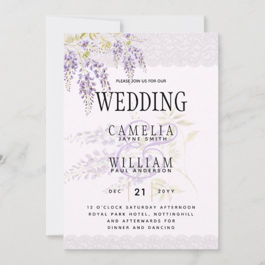 LeahG Paarse WISTERIA Lace Floral Wedding INVITE Kaart (Voorkant)