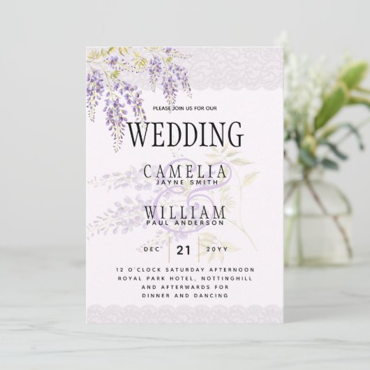 LeahG Paarse WISTERIA Lace Floral Wedding INVITE Kaart (Staand voorkant)