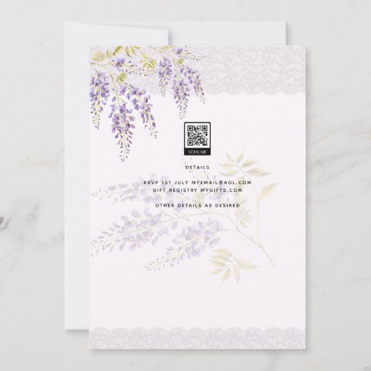 LeahG Paarse WISTERIA Lace Floral Wedding INVITE Kaart (Achterkant)