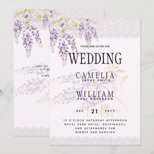 LeahG Paarse WISTERIA Lace Floral Wedding INVITE Kaart (Voorkant / Achterkant)