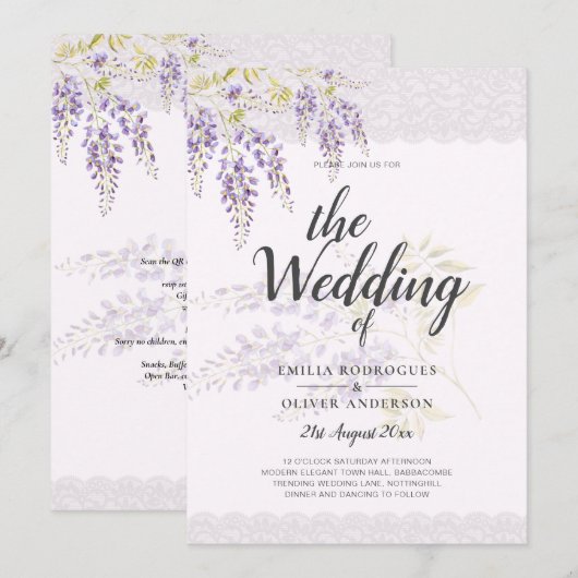 LeahG Paarse WISTERIA Lace Floral Wedding INVITE Kaart (Voorkant / Achterkant)