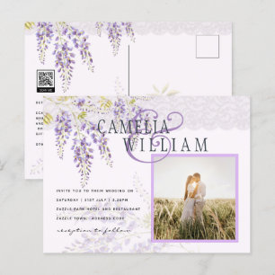 LeahG Paarse Wisteria Modern Floral Wedding Briefkaart
