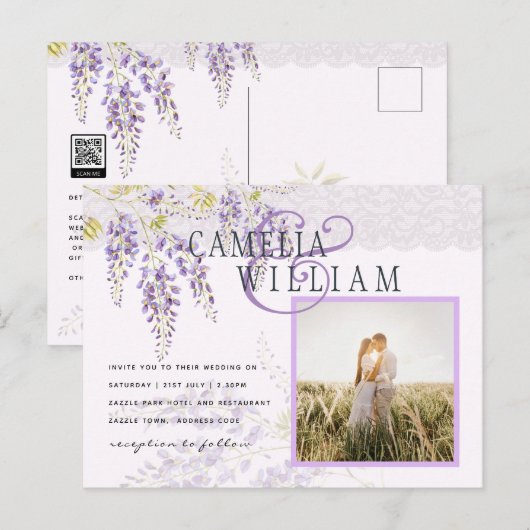 LeahG Paarse Wisteria Modern Floral Wedding Briefkaart (Voorkant / Achterkant)