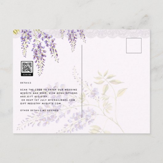 LeahG Paarse Wisteria Modern Floral Wedding Briefkaart (Achterkant)